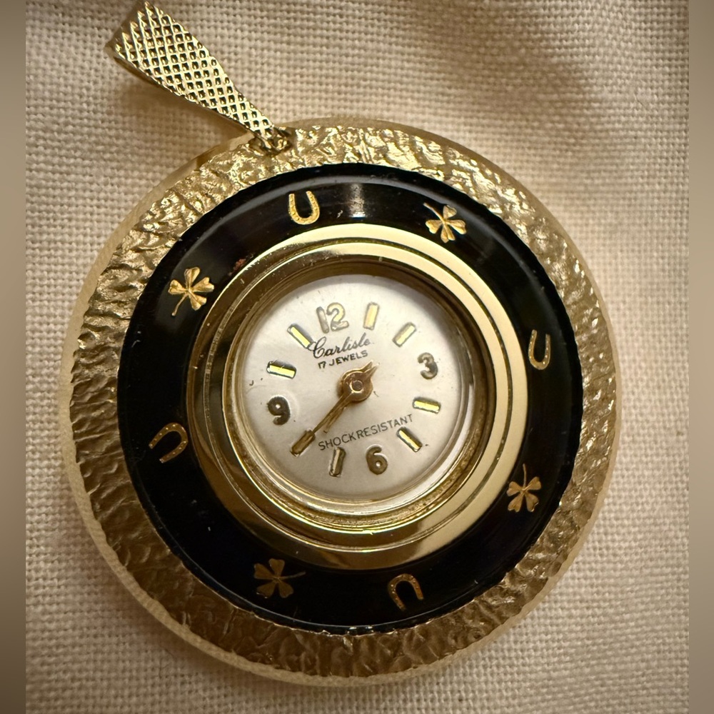 Carlisle Vintage Gold-tone and Black Swiss Decorative Pendant/Pocket Watch